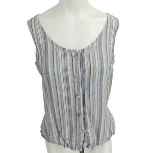 TSD Two Star Dog 100% Linen Striped Sleeveless Button Front Blouse Size S Blue